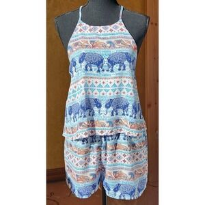 Hippie Romper Blue White Chiffon‎ Elephant Tribal Print Halter beachy boho Large
